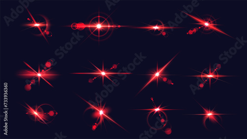 Red glare stars explosion realistic vector illustration set. Shining light flashes at darkness. Bursting spark 3d elements on dark background photo