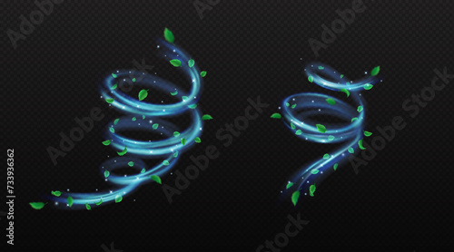 Spiral air flows with leaves and glitter realistic vector illustration set. Foliage rotating by flying dust 3d elements on transparent background