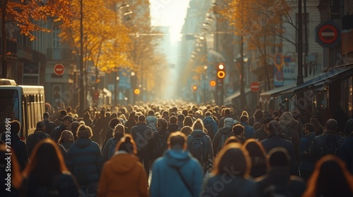 A blurry crowd of unrecognizable people stands on the street