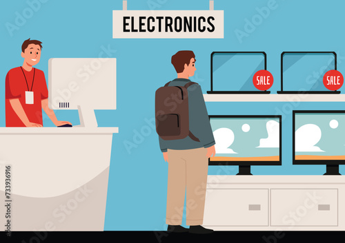 Electronic shop appliances store, vector customer choosing home electronics appliances, digital devices computers laptop