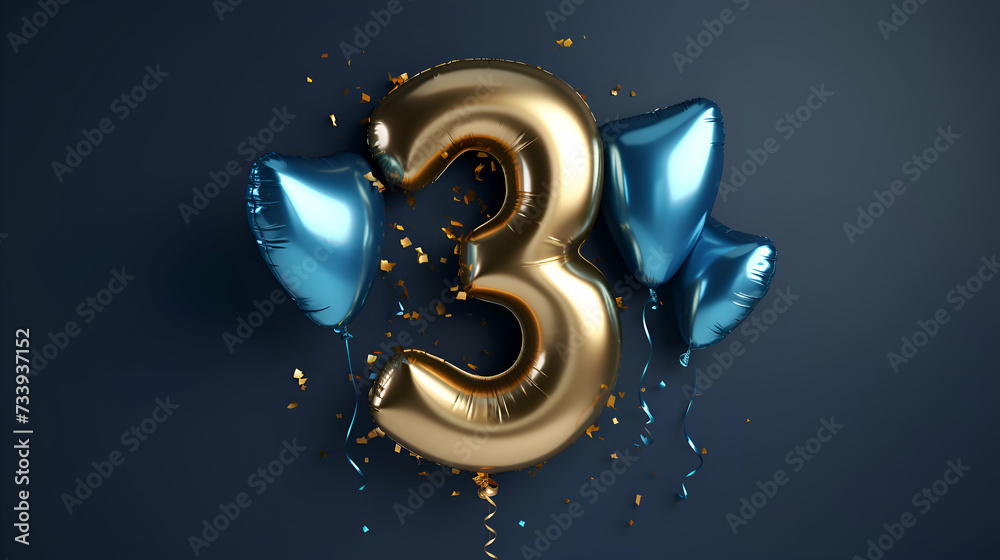 Number 3 gold and blue balloons with stars and confetti. 3D Render