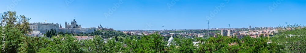 Panoramic view of cityscape from Mirador de la Cornisa del Palacio Real in Madrid, Spain