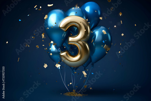 3rd birthday balloon with number 3 gold and blue balloons. 3D Render