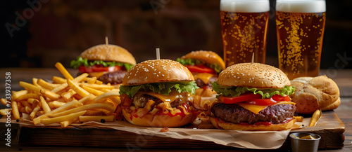 Burgers and fries combo. Assorted fast food beer on table