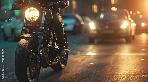 Motorcyclist defies the chaos of the city, embracing the thrill of the ride.