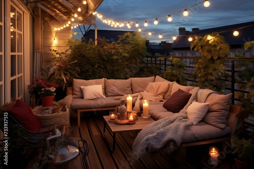 Cozy outdoor roof terrace with a sofa and coffee table is decorated with garlands and lamps