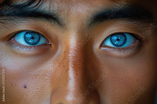  An asian man, eyes are black, seriuos face, close up of face, looking straight photo