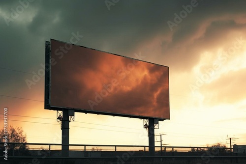 Empty billboard against a sunset sky. Generative AI