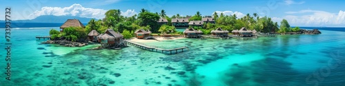 Tropical island resort panorama   with overwater bungalows and pristine beaches