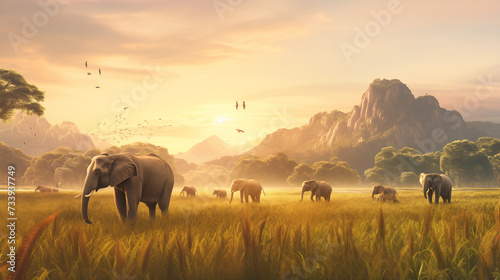 Elephants walk around in the evening to feed on the grass. There was a golden light from the sun shining on the grass.