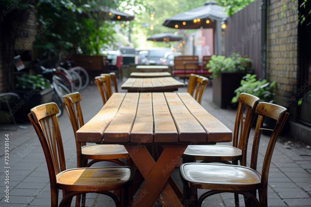 Empty Wooden Table and Chairs on a Cafe Terrace, Conveying a Cozy Atmosphere.