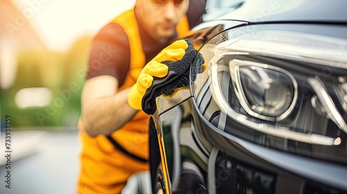 Photo of a middle aged Caucasian man washing car. Diligent hands working diligently to remove every speck.