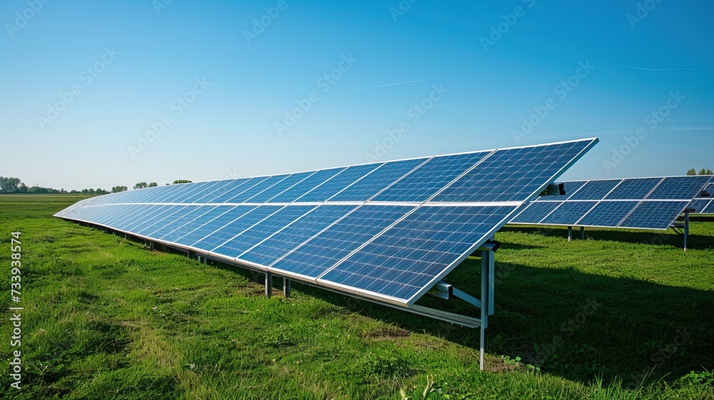 A row of solar panels harmoniously situated atop a vibrant, green field, harnessing clean energy to power the world.