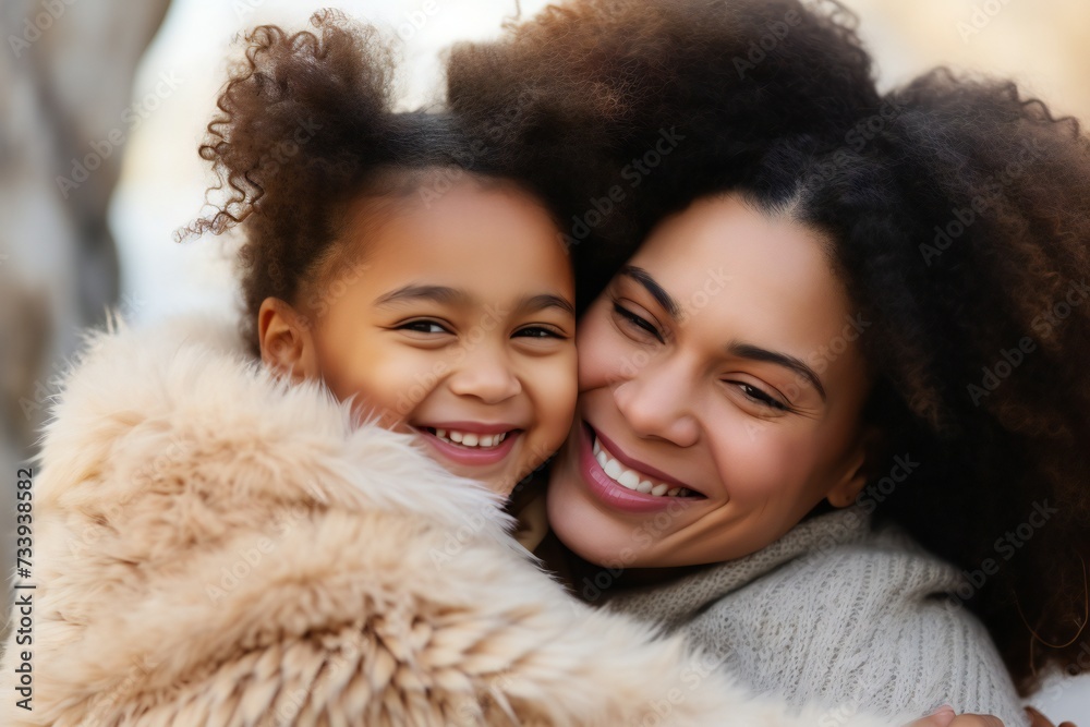 Cute little african preschooler daughter hug cuddle with smiling young mother kiss show love and affection, small girl child embrace happy millennial mom or nanny, share close intimate moment together