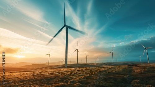 Witness the captivating spectacle of a group of windmills spinning gracefully in a field as the sun sets.