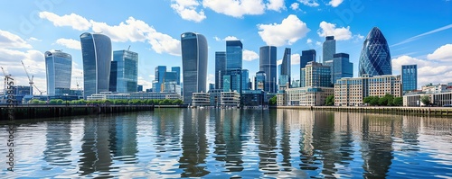 Canary Wharf business district in London in the afternoon with bright sunlight over the River Thames.