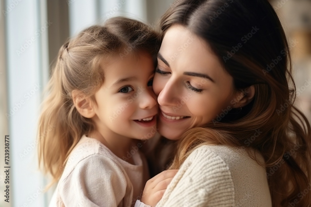 Cute little preschooler daughter hug cuddle with smiling young mother kiss show love and affection, small girl child embrace happy millennial mom or nanny, share close intimate moment together