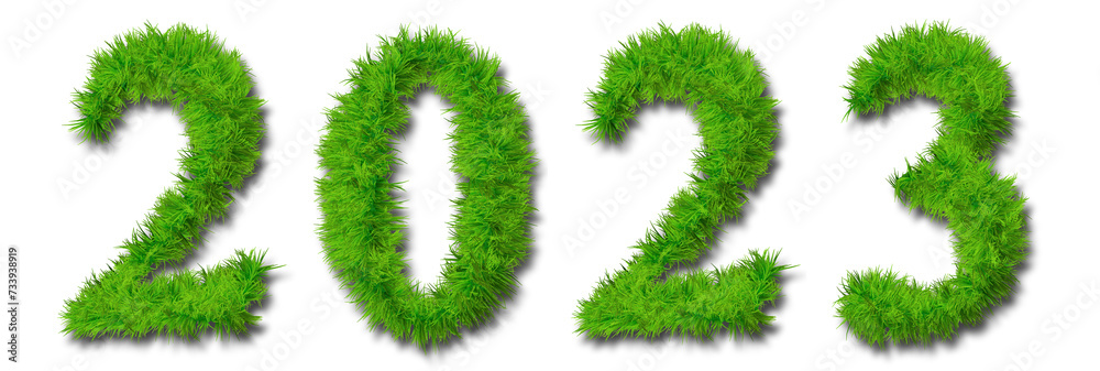 Concept conceptual 2023 year made of green summer lawn grass symbol isolated on white background. 3d illustration as a metaphor for future, nature, environment, organic growth, ecology, conservation Concept conceptual 2023 year made of green summer lawn grass symbol isolated on white background. 3d illustration as a metaphor for future, nature, environment, organic growth, ecology, conservation