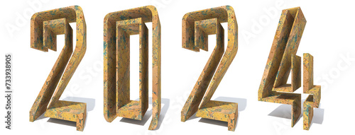 Concept or conceptual 2024 year made of old, rusted metal isolated on white background. An abstract 3D illustration as a  metaphor for future, real estate, industry prosperity or business growth