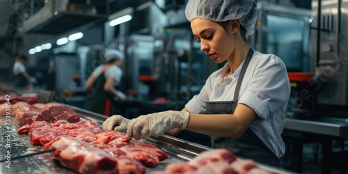 A worker in a meat factory meticulously cuts fresh beef into pieces on a metal work table, highlighting the precision in food processing.