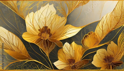 Luxury Bloom  Minimalist Vector Background with Golden Line Art Flowers and Leaves 