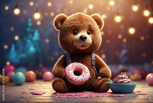  Stunning illustration. Adorable very happy teddy bear with donut. very minimalistic background