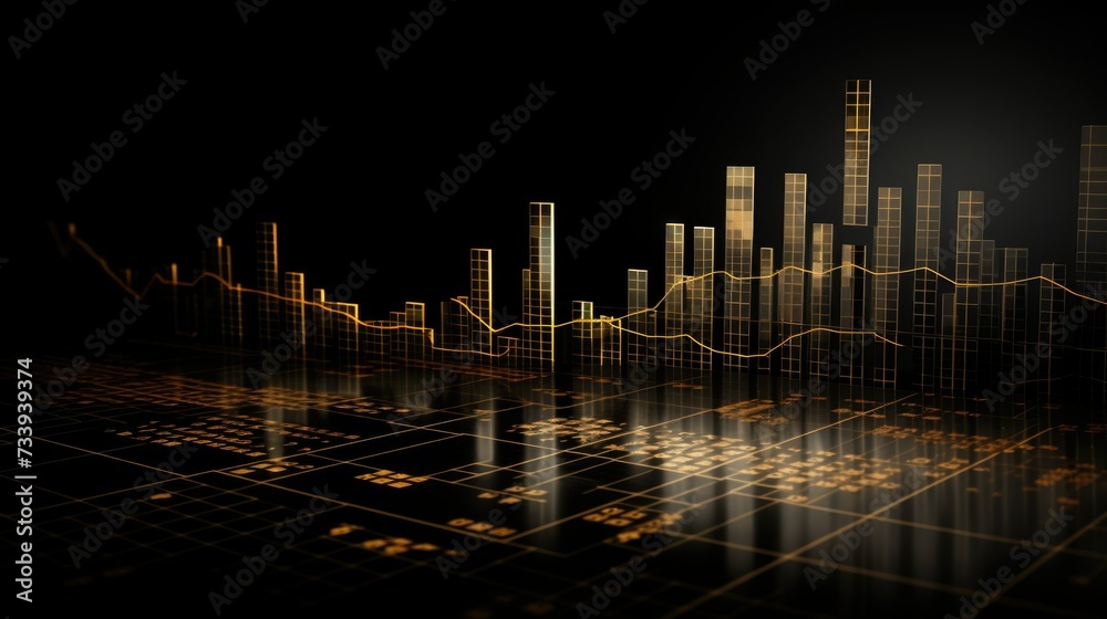 Abstract representation of financial data with glowing light trails and rising and falling bars on dark background, real-time financial market activities and trends. Market Pulse Visualization