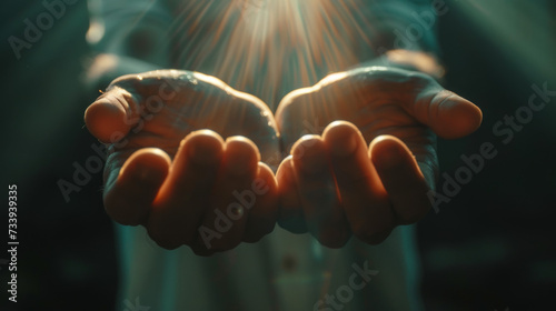 Human hands open palm up worship. Eucharist Therapy Bless God Helping Repent Catholic Easter Lent Mind Pray. Christian Religion concept background. fighting and victory for god  photo