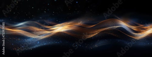 Digital art of shimmering golden waves flowing over a deep  starry  dark blue backdrop  evoking a sense of luxury and movement.