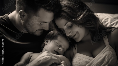  precious family moment unfolds as parents lovingly hold the tiny feet of their newborn baby, expressing pure joy and happiness.