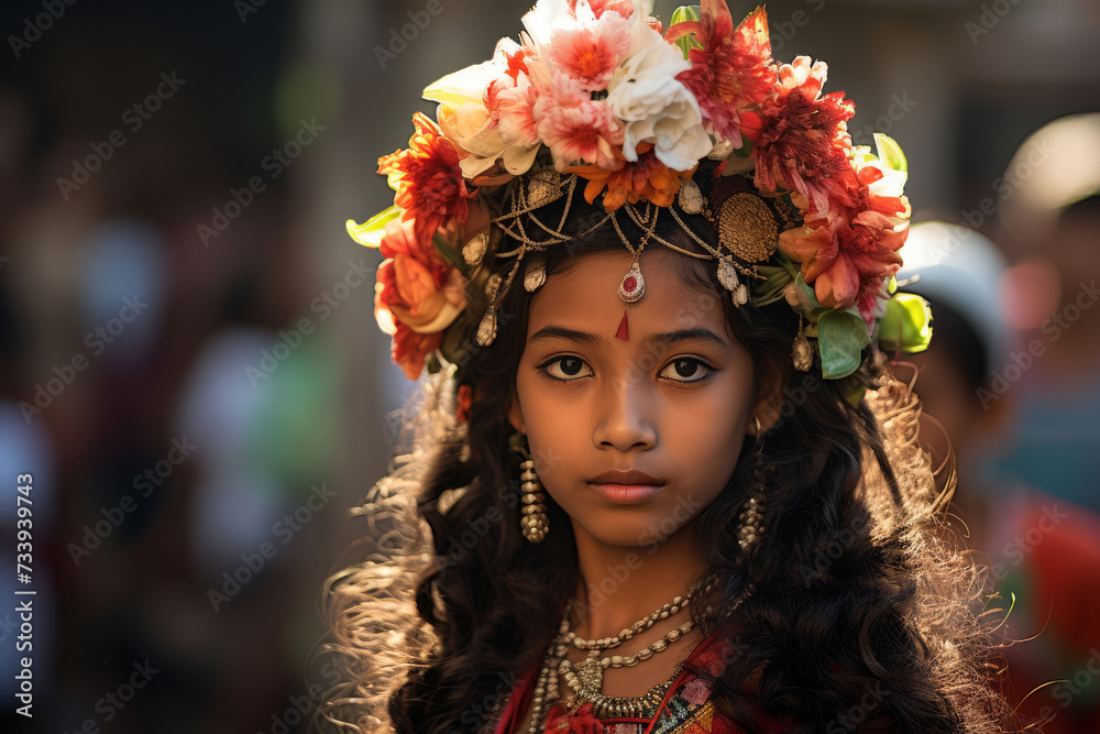 Portrait of young Asian girl in national festive ritual clothing with a wreath of flower on her head.