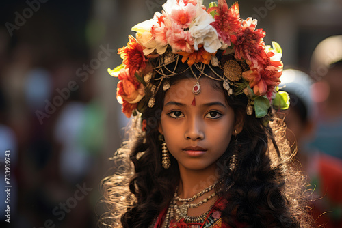 Portrait of young Asian girl in national festive ritual clothing with a wreath of flower on her head. © rostovtsevayu