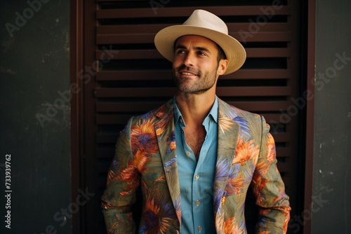 Portrait of a handsome young man wearing a hat and a colorful shirt