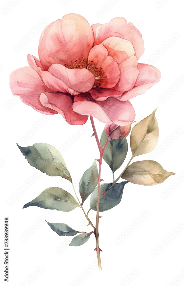 Elegant, hand-painted watercolor soft pink flower with leaves, perfect as an embellishment for wedding invitations, greeting cards, and other stationery projects. Isolated PNG transparent background.