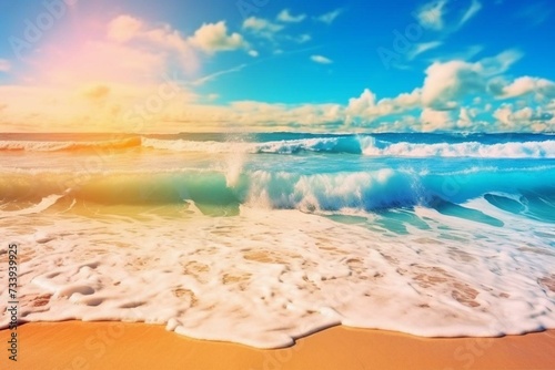Abstract ocean landscape with sandy beach, azure sea, and vibrant sunshine in panoramic view. Generative AI