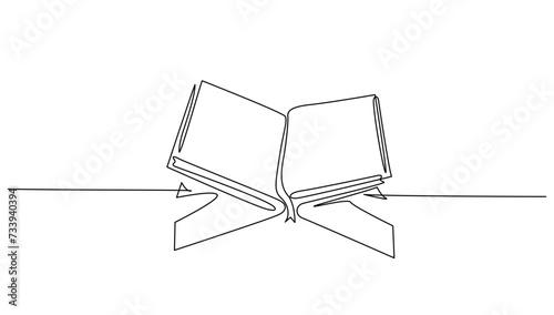 continuous line drawing of open Quran, holy book muslim, on placemat. Islamic holy day Ramadan Kareem and Eid Mubarak greeting card concept single line 