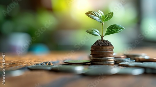 Business background of stack coins with small plant sprout growing from it. Business growth concept.