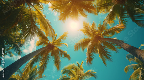 Tropical beach coconut palm tree leaves isolated on white background  green palm fronds layout for summer and tropical nature concepts. at sunrise. sun light.