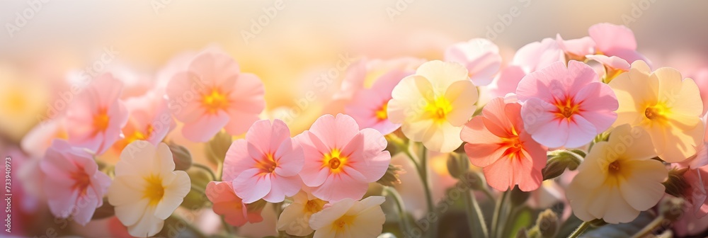 Spring flowers banner, background. primrose flowers banner with copy space