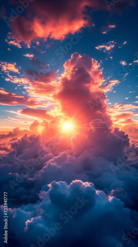 Sunset in the sky among clouds, a vivid and dramatic sky is filled with clouds that are illuminated by the sun, creating a vibrant play of colors