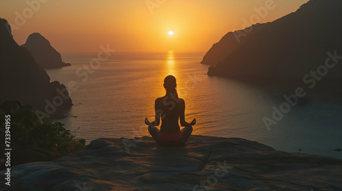 Silhouette of a woman on the beach meditating on a cliff overlooking the ocean as the sun sets  radiating peace and tranquility