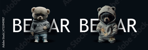Urban Style Teddy Bears: Detailed Vector Illustration of Cool Bears in Attire, Perfect for Children’s Books and Apparel Designs