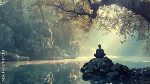 Man meditating on the rock in the forest. Ai generative. photo