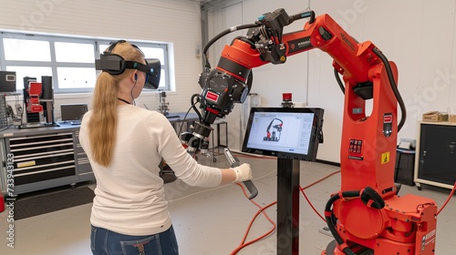 A young engineer in the lab wearing virtual reality glasses. Young woman working in the lab wearing virtual reality goggles