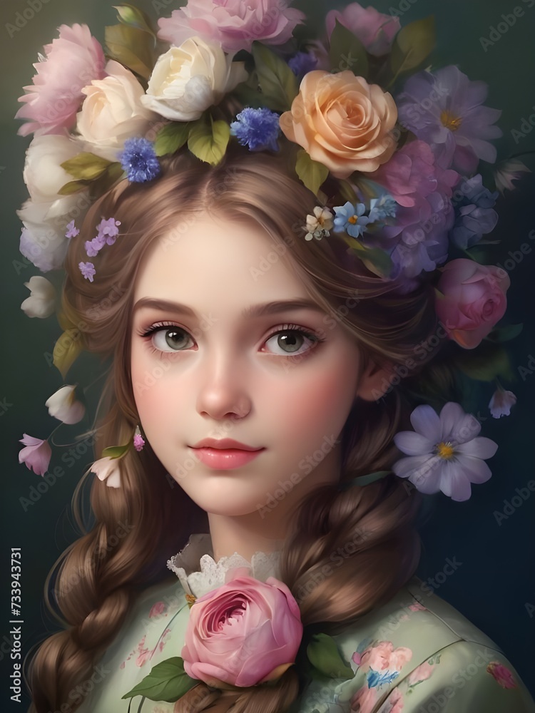 Beautiful portrait of a girl with flowers in her hair.