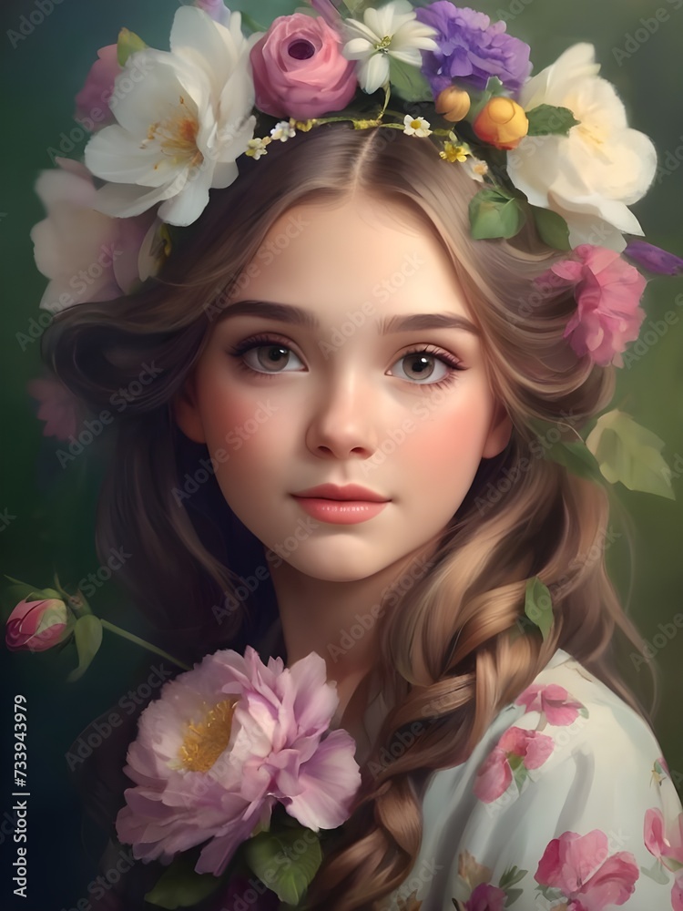 Beautiful portrait of a girl with flowers in her hair.