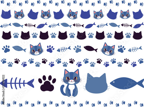 ポップでかわいい猫のアイコンとライン7種セット　ブルー