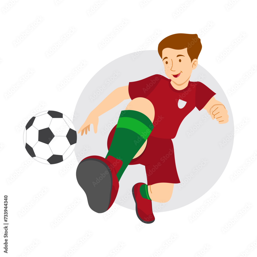 Soccer player wearing a red costume shooting a ball. Vector Image