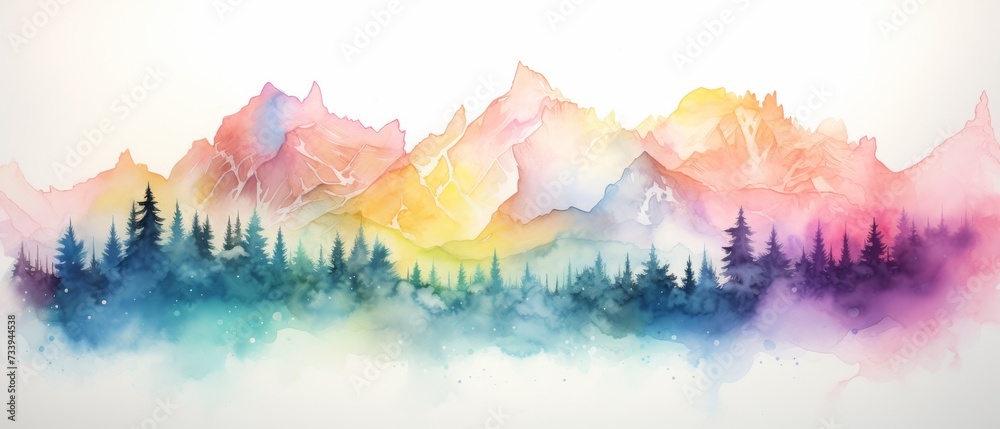 Fototapeta premium Colorful rainbow colors watercolor color abstract brush painting art of beautiful mountains, mountain peak minimalism landscape panorama banner illustration, isolated on white background