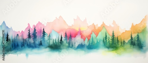 Colorful rainbow colors watercolor color abstract brush painting art of beautiful mountains, mountain peak minimalism landscape panorama banner illustration, isolated on white background